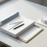 Architectenbureau met tenderdocumenten en blueprint, set square en potlood, schaalmodel zorggebouw in minimalistische stijl