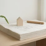 Gestapelde architectuurplannen met houten wayfinding-objecten voor dementievriendelijke oriëntatie op minimalistisch bureau
