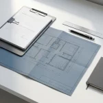 Open ontwerpblauwdruk op minimalistisch bureau met auditdocumenten op klembord, liniaal, potlood, stempel en notitieboek.