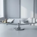 Minimalistische weegschaal met euro munten en budgetboek tegenover ziekenhuis maquette en bouwtekening, balans financiën zorg