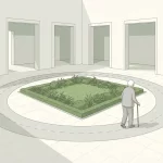 Rustige zorgcourtyard met vierkant groen, looproute eromheen en oudere bewoner lopend, minimalistische witte architectuur.