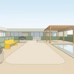 Rustige toegankelijke buitentuin met rolstoelvriendelijk luspad, pergola, spiegelvijver en zorggebouw op achtergrond