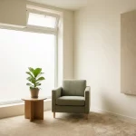 Minimalistische dementievriendelijke woonkamerhoek met fauteuil bij mat raamlicht, plant op bijzettafel en rustige kleuren