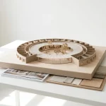 Architectonisch schaalmodel van rustige dementiezorgwoning met binnentuin op witte desk, met projectfoto’s en materiaalbord