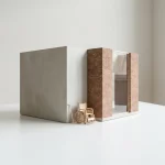 Minimalistisch architectuurmodel met nieuw betonvolume en oude bakstenen schil, rolstoel en wandelstok voor dementiezorg