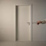 Hand houdt sleutel boven sleutelgat van gesloten minimalistische off-white deur in rustige hal, zacht licht en schaduw onder deur