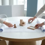 Blueprint op ronde vergadertafel met schaalmodel en handen die OR-, cliëntenraad- en familietokens plaatsen, gedeelde besluitvorming