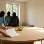 Handen plaatsen weekplanner op ronde communitytafel naast gedeeld fruit, buren praten in moderne gemeenschapsruimte bij daglicht