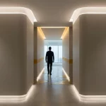 Silhouet loopt door minimalistische gang met neutrale matte wanden, indirect licht en geometrische vloeraccenten, daglicht