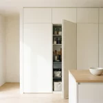 Minimalistische matte inbouwkast met verborgen deur op een kier, opgeruimde opbergnis, lichte eiken vloer en kom