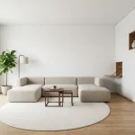 Modulaire lage hoekbank in compacte minimalistische woonkamer met wandkast, uitklapbureau, nesttafel en daglicht