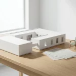 Modulair verpleeghuis maquette met uitschuifbare vleugel op eiken architectentafel, met plattegrond en stoel in daglicht