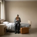 Oudere bewoner in verpleeghuis op bedrand met familiefoto en koffer, minimalistische kamer met zacht daglicht.