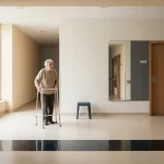 Oudere bewoner met rollator bij verwarrende gangkruising in verpleeghuis, spiegelwand en zwarte vloerstrook desoriënteren.