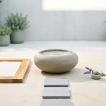 Minimalistische zintuigentuin met stenen waterbassin, rimpelend water, zand, hout, mos en lavendel in moderne patio, ochtendlicht