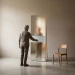 Oudere persoon raakt hoge vloerspiegel met matglasband aan, vage reflectie in minimalistische kamer met daglicht
