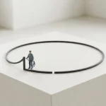 Minimalistische circuitlus met figuur bij ingang met veiligheidslijn, subtiele opening als exit, op matte lichte achtergrond