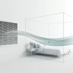 HVAC-ventilatierooster met luchtstroom naar verpleeghuiskamer met bed, nachtkastje en plant, frisse binnenlucht