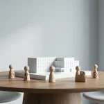 Ronde vergadertafel met schaalmodel zorggebouw en houten stakeholderpionnen voor co-creatie in modern kantoor