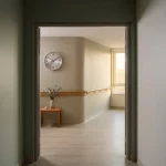 Open deur naar rustige verpleeghuisgang met houten leuning, ronde klok, bijzettafel met vaas en zacht ochtendlicht