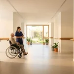 Oudere in rolstoel met verpleegkundige in moderne verpleeghuisgang, ochtendlicht, raam naar rustige binnentuin