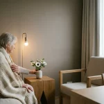 Wollen plaid om schouders van oudere verpleeghuisbewoner terwijl familielid bloemen op nachtkastje zet in rustige kamer