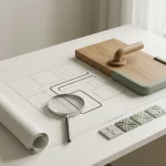 Architectonische plattegrond op wit bureau met houten deurmockup, vergrootglas en tactiele wayfinding-tegels