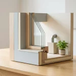 Doorsnede model van modern energiezuinig huis met isolatie, driedubbel glas, ventilatie-unit en plant op houten tafel