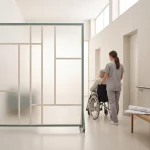 Verpleegkundige duwt rolstoel met oudere door minimalistische zorginstelling gang langs scheidingswand, renovatieplannen en gereedschap.
