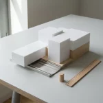Minimalistisch schaalmodel van modern gezondheidscentrum met uitschuifbare uitbreidingsvleugel, liniaal en houten pen op tafel