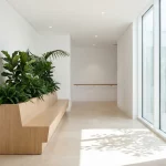 Grote plantenbak in minimalistische zorggang met ingebouwde bank, witte muren, raamlicht en groene bladeren bij raam