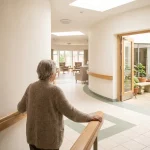 Oudere persoon loopt door ronde zorginstellinggang met doorlopende leuning, daglicht en zicht op lounge en binnentuin