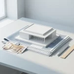 Wit schaalmodel van zorggebouw op architectuurblauwdrukken met pen, liniaal en referentiefoto’s op minimalistisch bureau