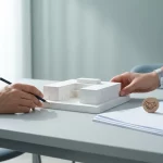 Twee handen plaatsen witte maquette van zorggebouw op bureau, met bouwtekeningen en token in moderne vergaderruimte