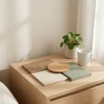 Houten nachtkastje met tactiele materiaalstalen, keramische mok en plantje in minimalistische zorgkamer, ochtendlicht