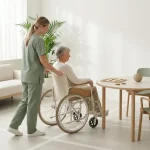 Begeleider duwt cliënt in rolstoel naar activiteitentafel in minimalistische zorgkamer met tactiele materialen, daglicht