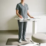 Zorgmedewerker bij ergonomisch verstelbaar werkstation met medische tray, armsteun en anti-vermoeidheidsmat in rustige zorgomgeving