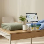 Zorgtrolley met tablet planning, kleurgecodeerde patiëntdossiers, mok en plaid; handschoenen ordenen in rustige kamer.