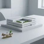 Minimalistisch architectuurmodel van zorgvastgoed met daktuin en balansweegschaal met munten en plantpot op grijs bureau