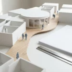 Architectonisch tafelmodel van VVT-zorgvleugel met houten looproute naar centrale zorghub en neutrale figuren