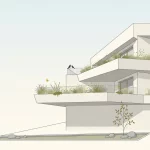 Modern appartementenblok met groene terrassen, vogels en vlinder, regen tuin aan de voet, minimalistische illustratie in ochtendlicht