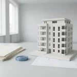 Wit modern appartementenmodel op bureau met blueprint, documenten en token voor financiering in minimalistische setting