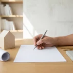 Architectenhand met mechanisch potlood boven wit papier, houten huismaquette en bouwtekeningen op minimalistisch bureau.