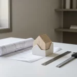 Architectenbureau met uitgerolde bouwtekening, houten huismaquette, metalen liniaal en schuifmaat in minimalistische studio.