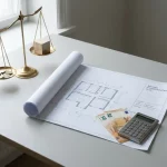 Architectenbureau met verbouwingsplan, eurobiljetten, metalen rekenmachine en weegschaal met munten en maquetteblok