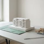 Wit schaalmodel appartementenblok op architectenbureau met groene blauwdruk, houten blokken en metalen liniaal in ochtendlicht