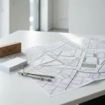 Architectenbureau met open stadsplattegrond, masterplan-overlay, startmarker, plankaarten en kompas in zacht ochtendlicht