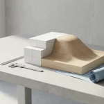 Hybride schaalmodel huis op architectentafel, half witte modulaire blokken half houten vorm, met meetgereedschap en blauwdruk
