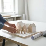 Architectonische schaalmaquette met houten figurines in overleg, handen plaatsen ze; blauwdruk en paperweight op witte tafel