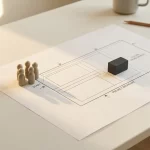 Houten figuurtjes op architectonisch siteplan met bouwblok voor toekomstige ontwikkeling, minimalistische tafel in ochtendlicht